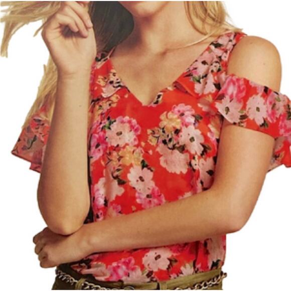 CAbi Tops - CAbi Women's Lush Floral Cold Shoulder Peplum Blouse Top Size Small